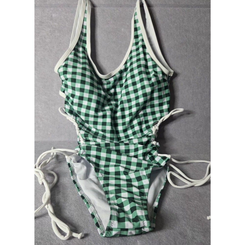 CUPSHE Women's Sz S Green Gingham One Piece Swimsuit Ruched Lace Up Sides NWT